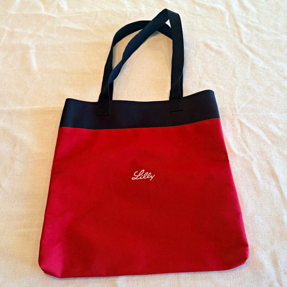 Large Red/Black Colorblock Tote Bag Logo Accent Nylon Canvas Double Handles 16"